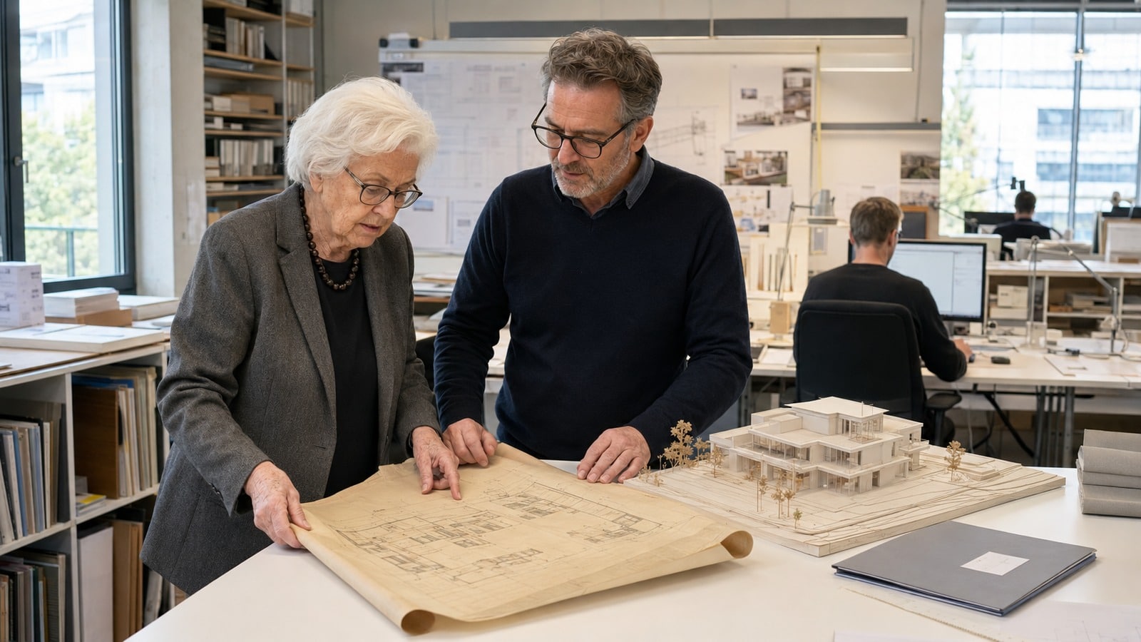 Ältere Frau und ihr erwachsener Sohn betrachten Unterlagen und ein Modell in einem Architekturbüro