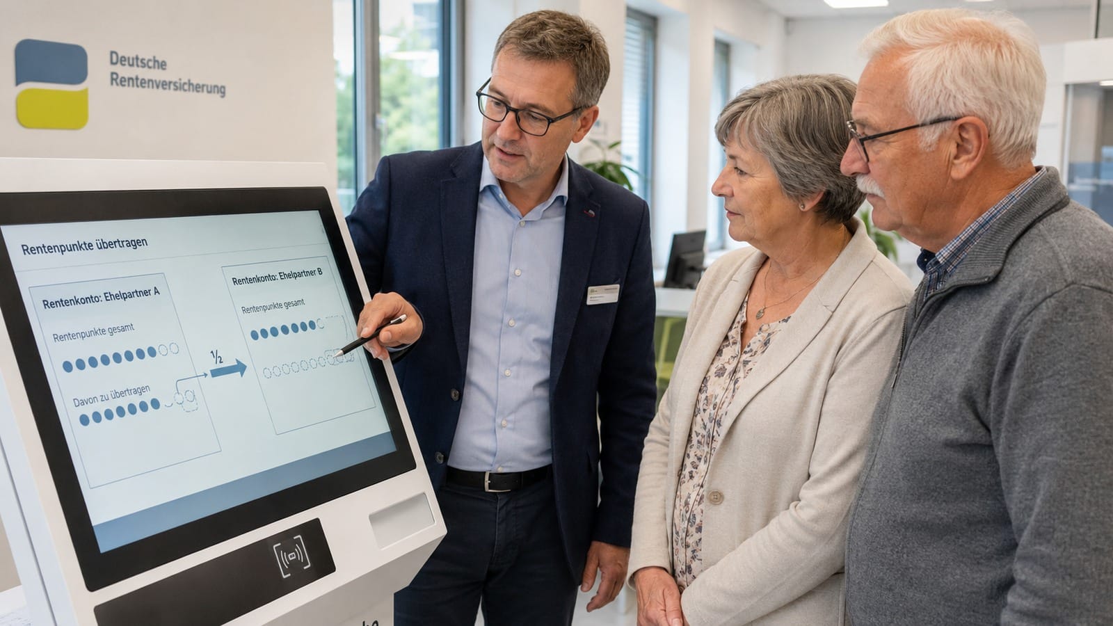 Älteres Ehepaar lässt sich bei der Rentenversicherung das Rentensplitting erklären