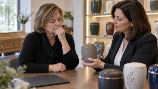 Witwe lässt sich von Bestatterin Urnen zeigen
