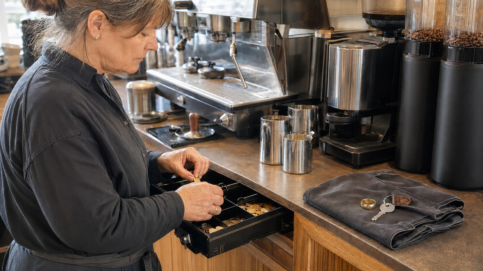 Eine verwitwete Caféinhaberin zählt die Tageseinnahmen, während ein zweiter Ehering neben unbenutzten Arbeitsschlüsseln liegt.