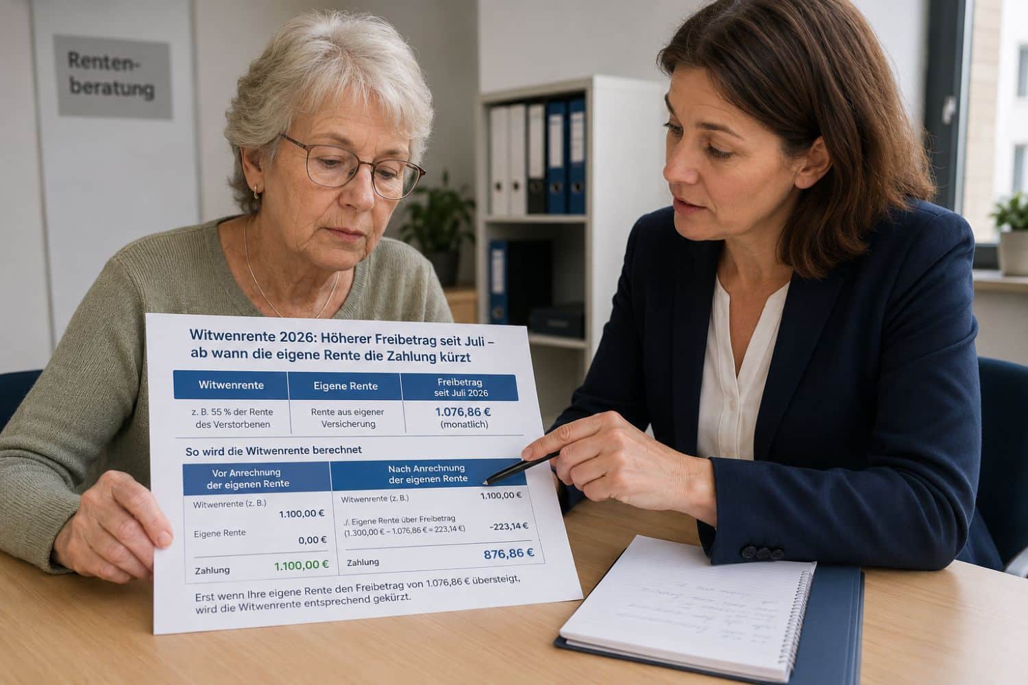 Witwe lässt sich im Juli die Kürzung der Witwenrente von Rentenberaterin zeigen