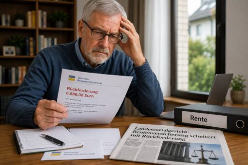 Rentner liest Rückforderungsbescheid der Deutschen Rentenversicherung am Schreibtisch neben einer Zeitung mit Urteilsschlagzeile.