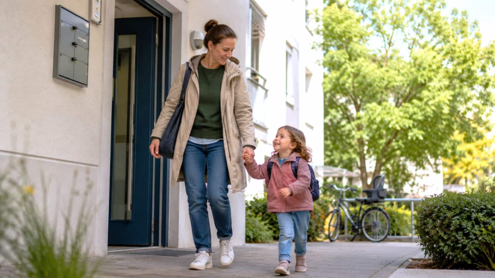 Junge alleinerziehende Mutter mit ihrem Kleinkind an der Hand