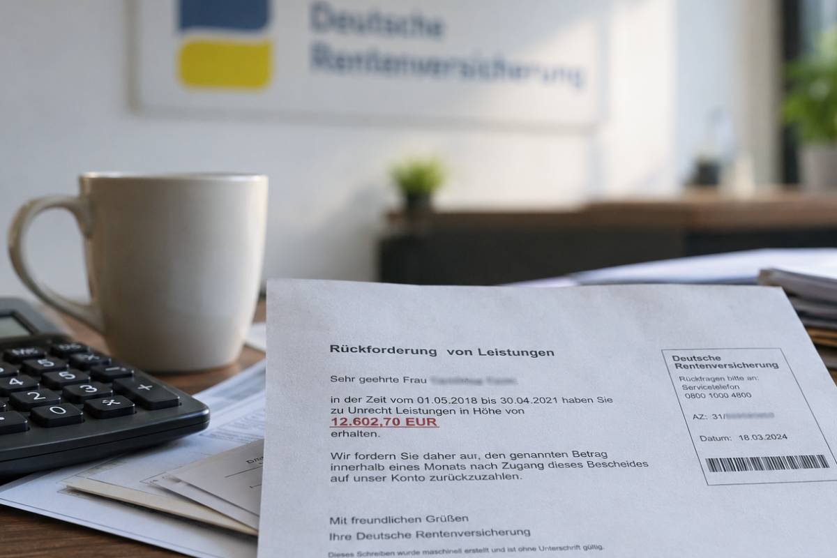 Schreiben der Rentenversicherung auf einem Schreibtisch mit Taschenrechner, das eine Rückforderung von Leistungen thematisiert