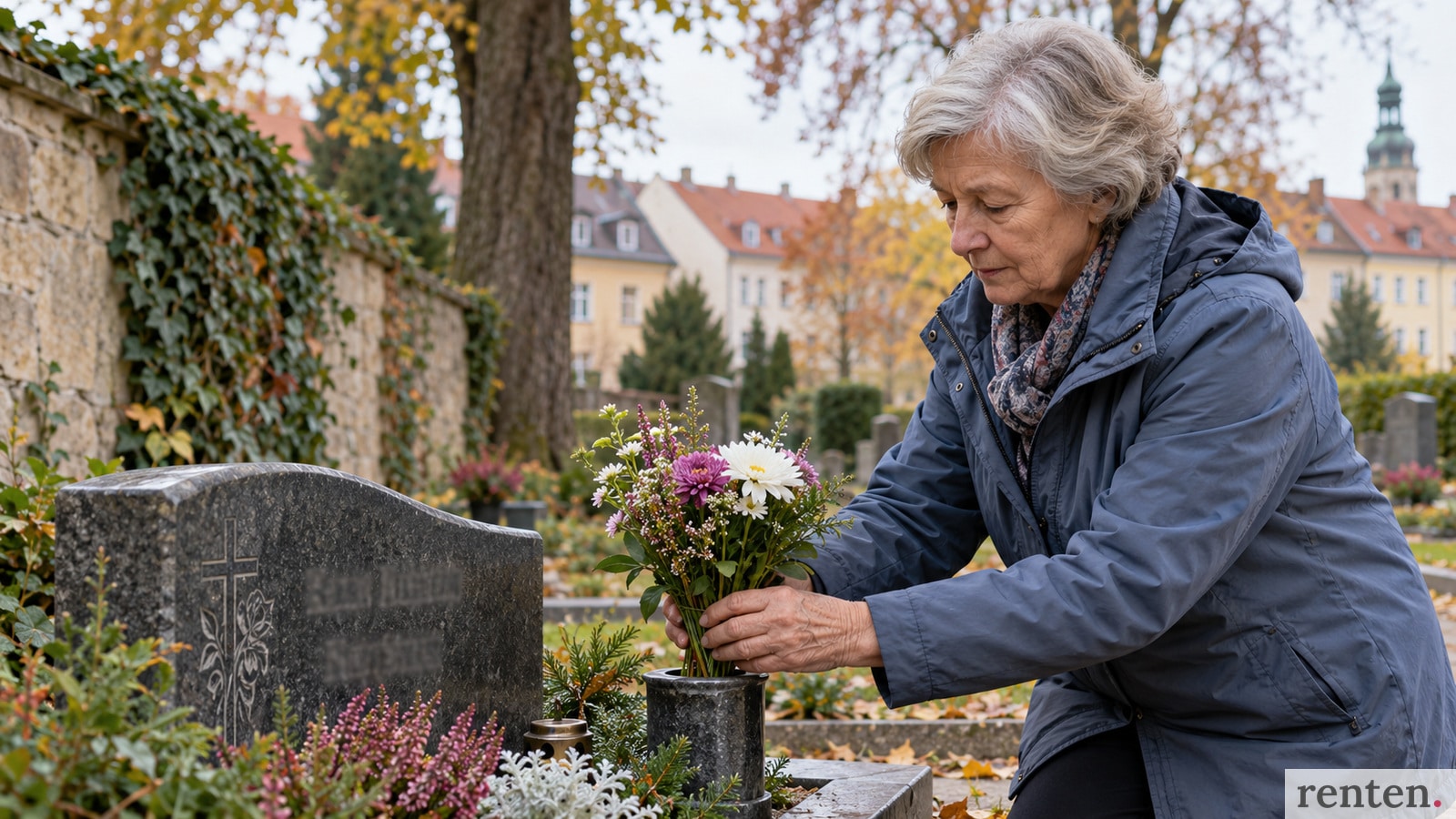 Ältere Frau stellt frische Blumen auf ein Grab.