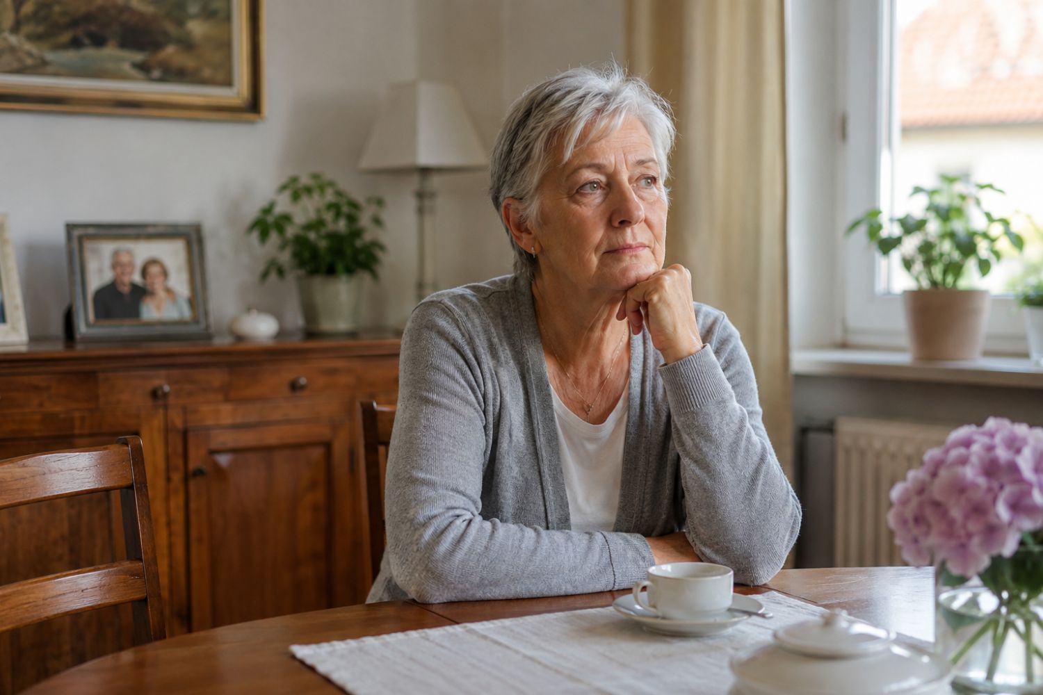 Witwe sitzt beim Kaffee und denkt an ihren verstorbenen Ehemann. Ein gemeinsames Foto im Hintergrund