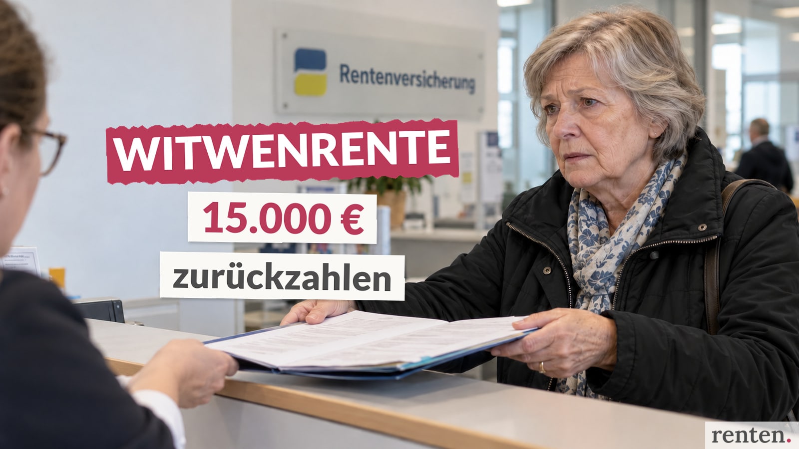 Besorgte Witwe übergibt Unterlagen am Empfang einer Rentenversicherung.
