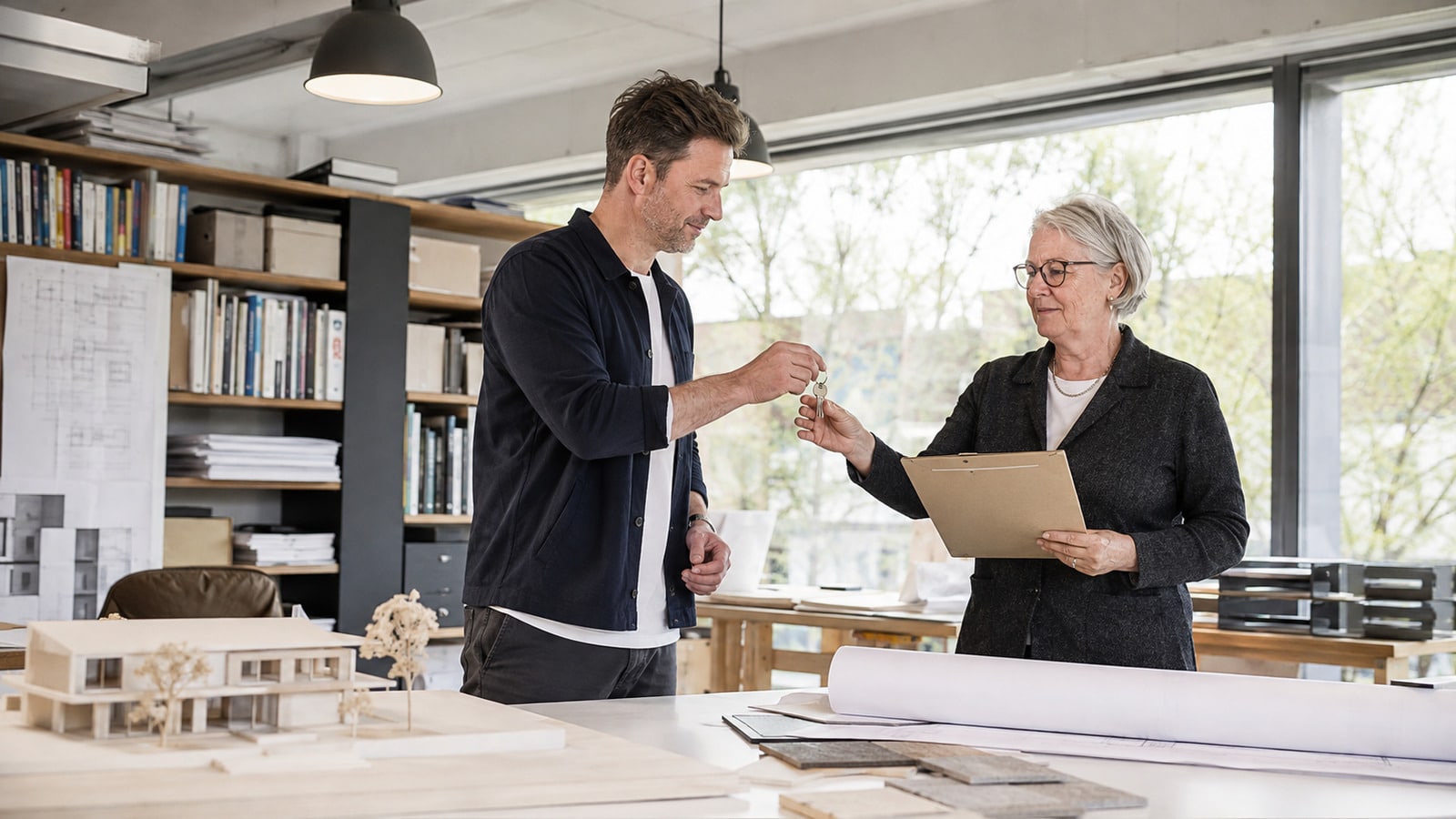 In einem Architekturbüro übergibt ein Sohn seiner Mutter einen Schlüssel und Unterlagen zur Betriebsübernahme.