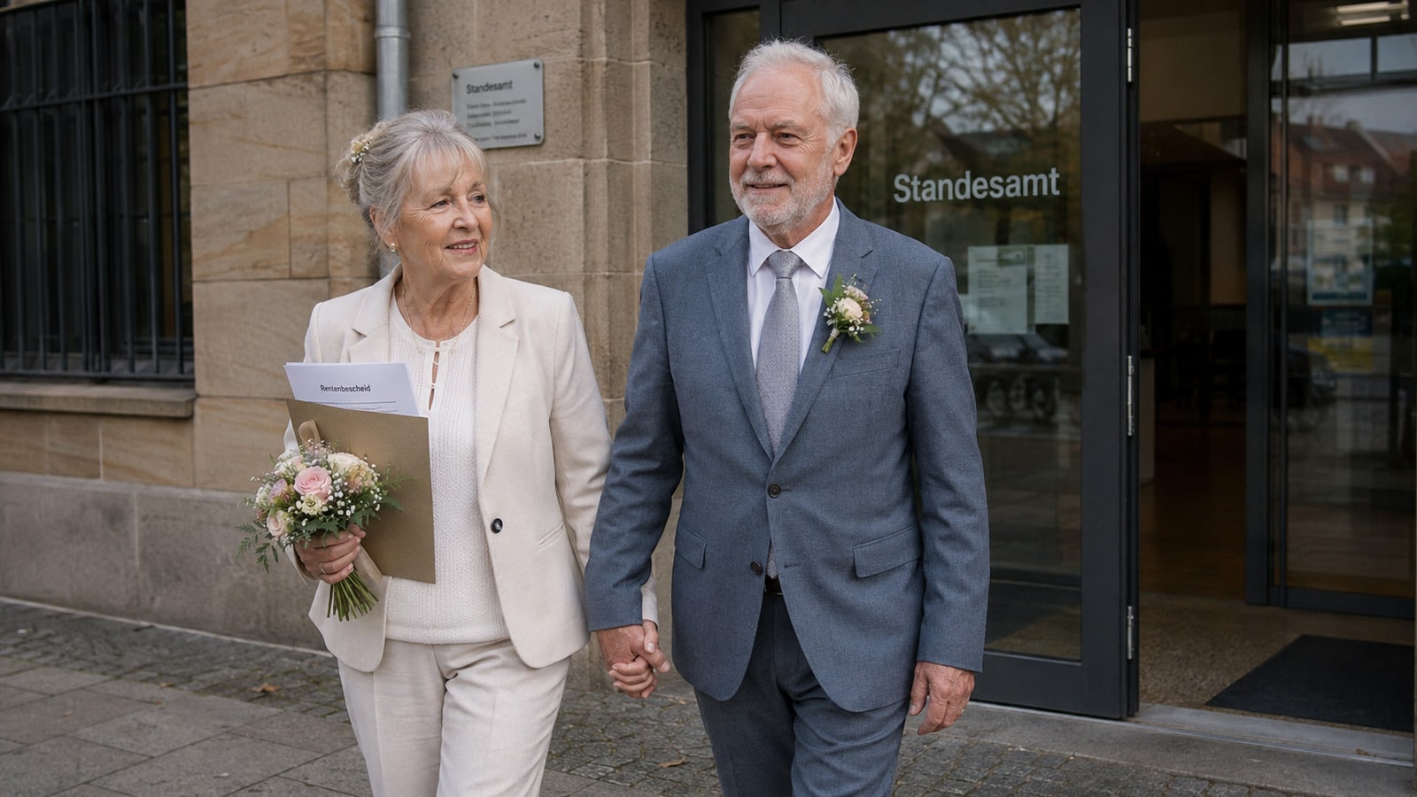 Älteres Paar verlässt nach der Wiederheirat ein Standesamt