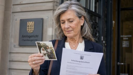 Frau mit Scheidungsbeschluss und Hochzeitsfoto vor dem Familiengericht