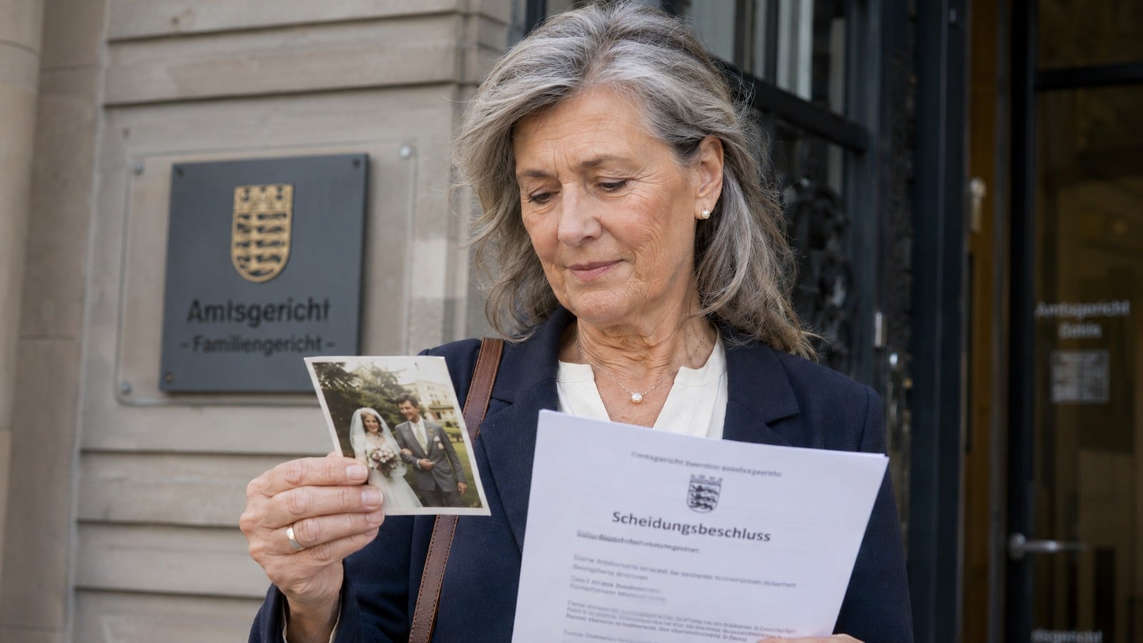 Frau mit Scheidungsbeschluss und Hochzeitsfoto vor dem Familiengericht