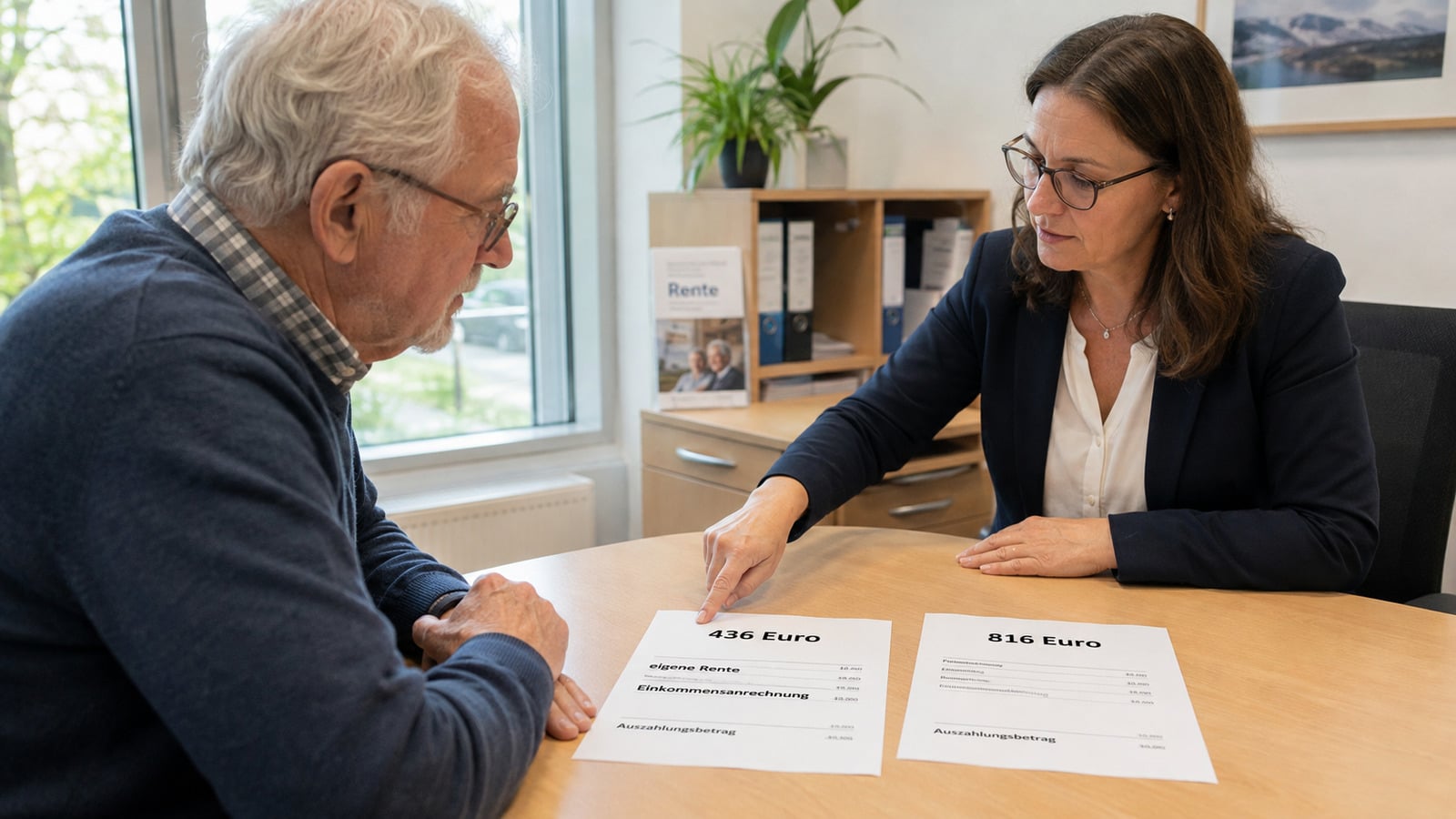 Witwer vergleicht in einer Rentenberatung Zahlbeträge von Witwer- und Witwenrenten