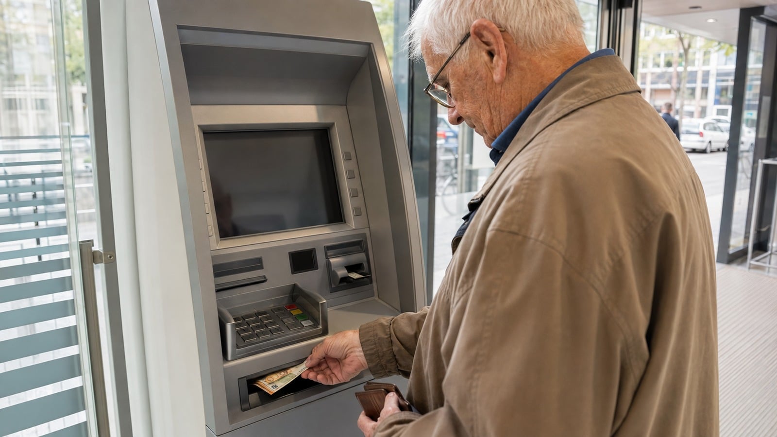 Älterer Mann hebt an einem Bankautomaten Geld ab, während die Einkommensanrechnung seine Witwerrente mindern kann.