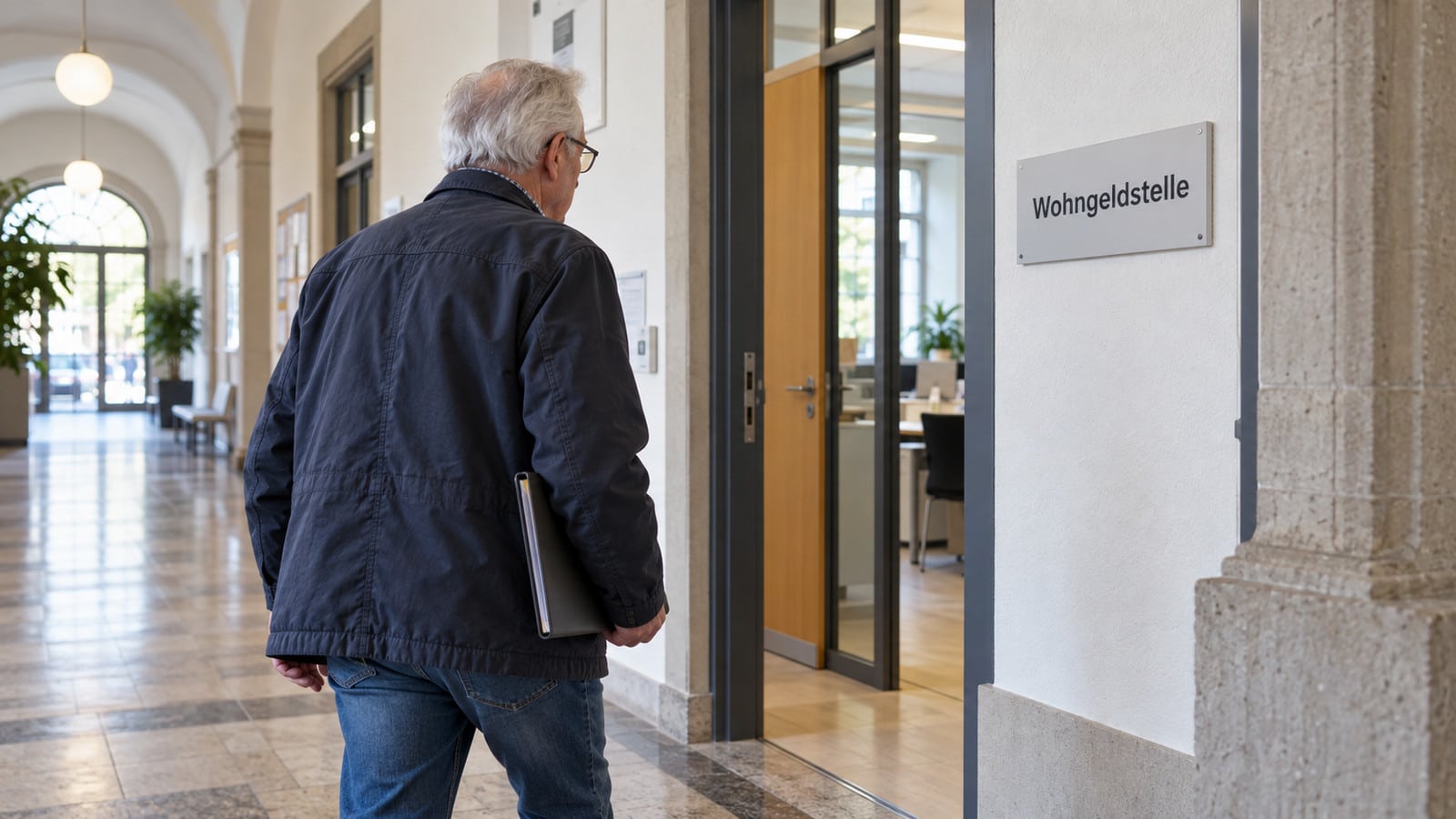 Rentner betritt eine Wohngeldstelle im Rathaus.