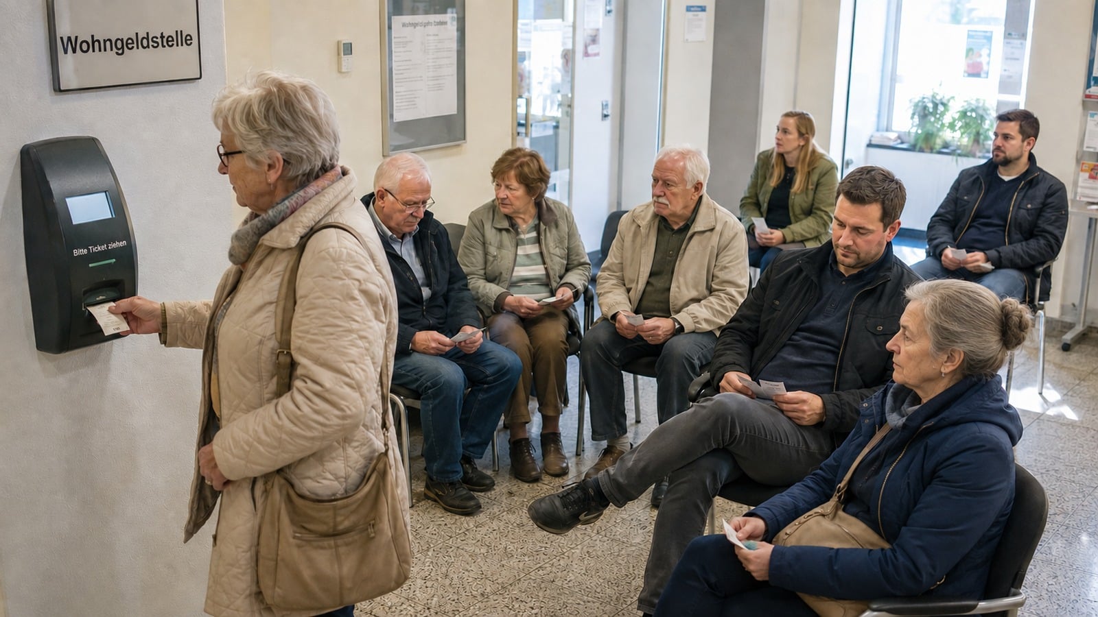 Überwiegend ältere Menschen warten in einer kommunalen Wohngeldstelle