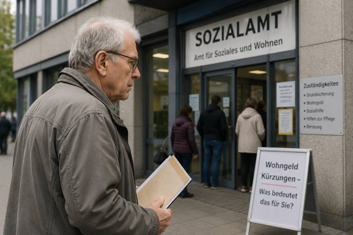Älterer Mann mit Unterlagen vor dem Eingang eines Sozialamts. Das Motiv verdeutlicht die möglichen Folgen geplanter Wohngeld-Kürzungen für Rentner mit niedrigen Einkommen.