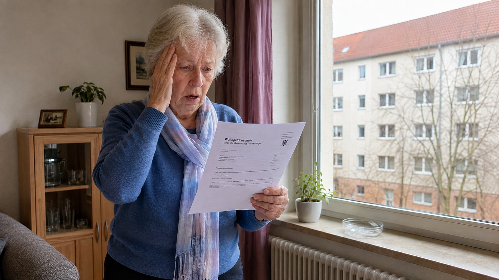 Geschockte Rentnerin liest einen Wohngeldbescheid in ihrer Mietwohnung