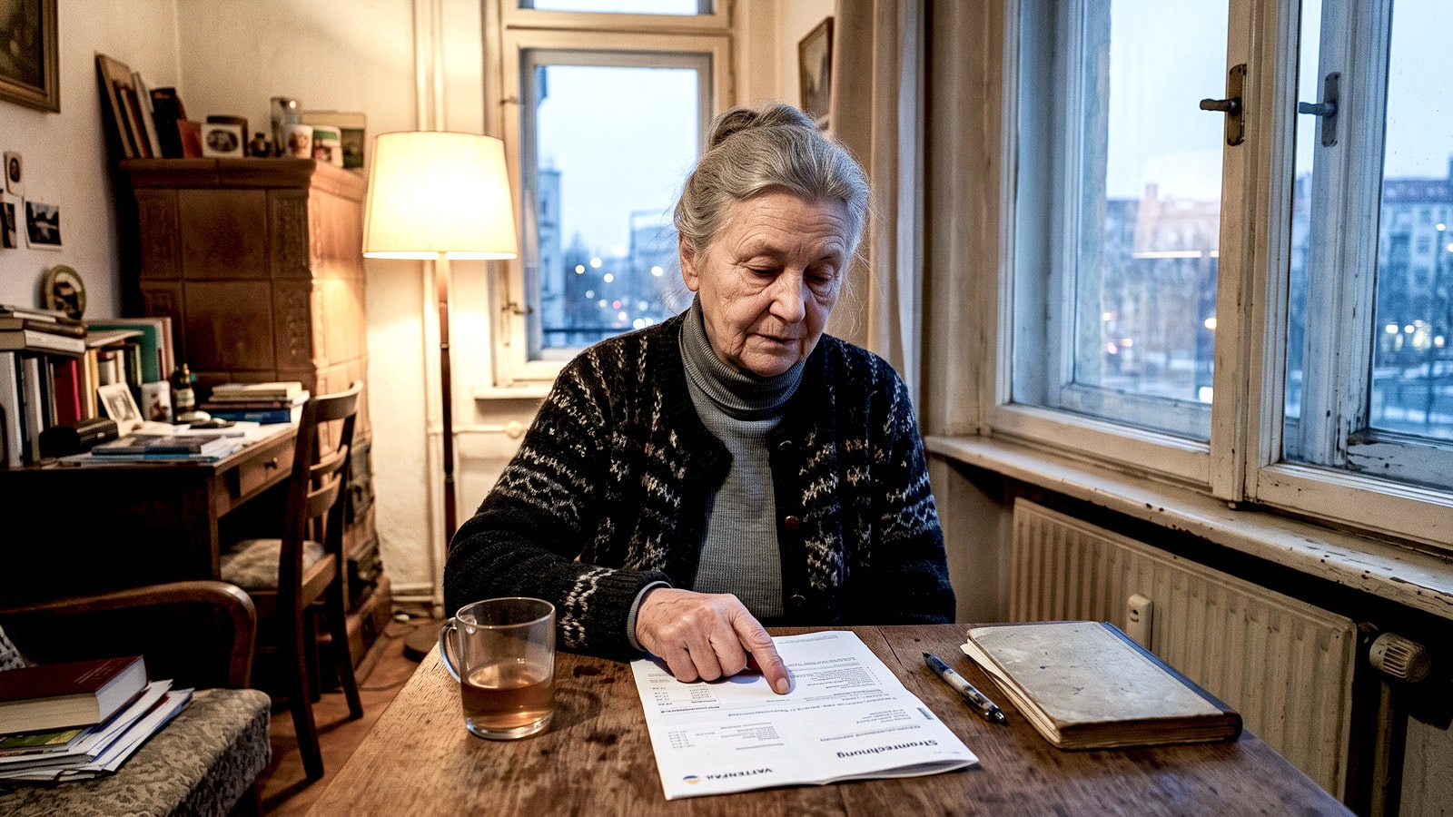 Ärmliche Rentnerin sitzt in ihrer kleinen und alten Wohnung bei einem Glas Tee