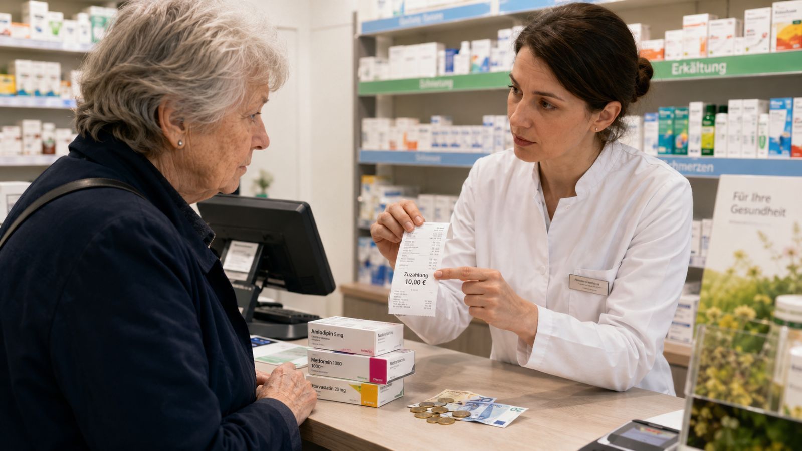 Apothekerin zeigt Rentnerin den Beleg über die neue Zuzahlung