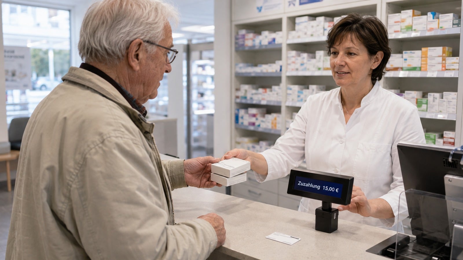 Rentner bezahlt in einer Apotheke 15 Euro Zuzahlung für Medikamente